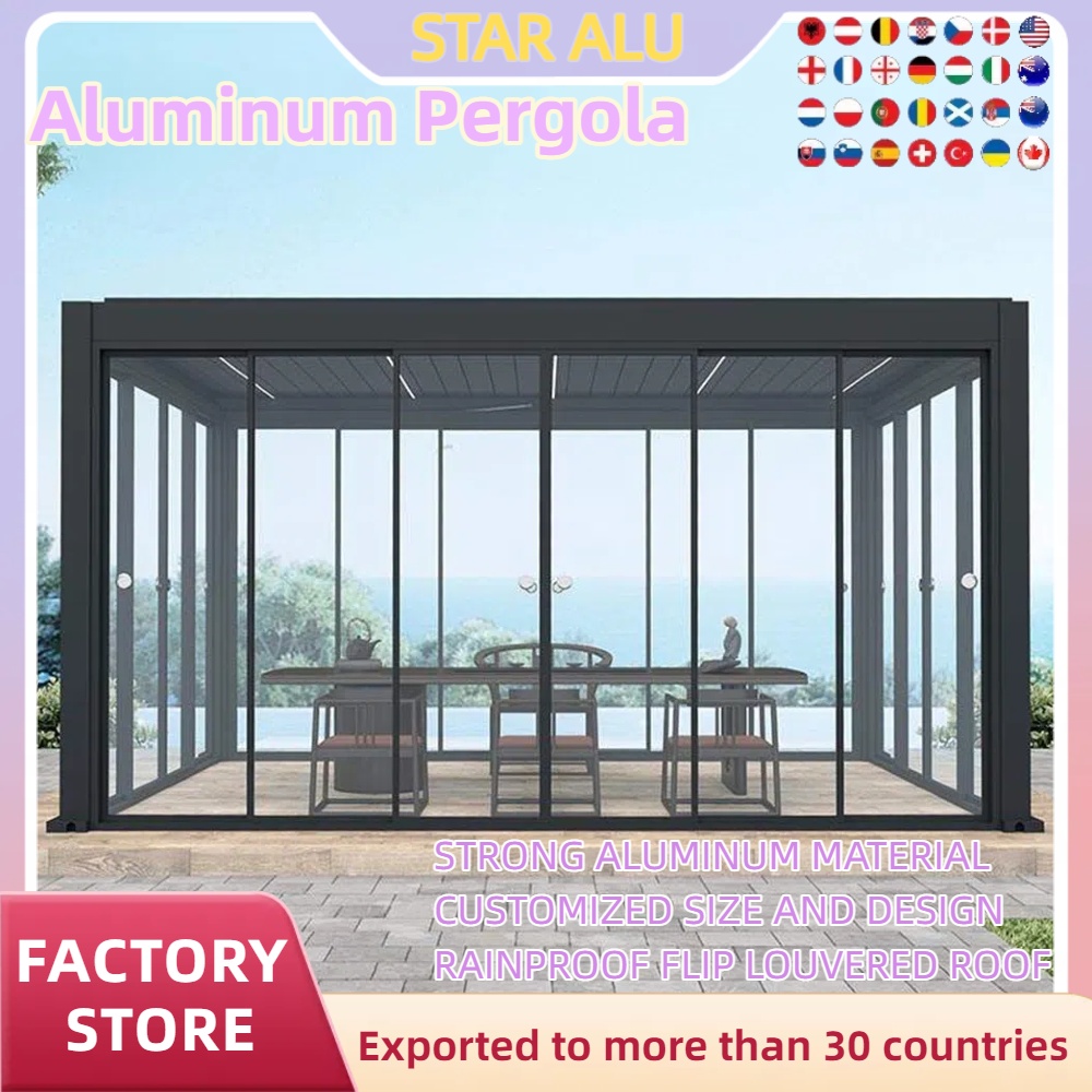 Outdoor Lighting Restaurant - بيرجولا بيوكليماتيكية من الألومنيوم مع زجاج
